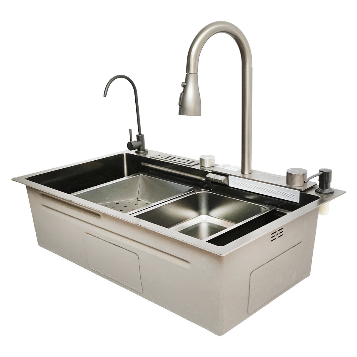 Chiuveta bucatarie multifunctionala cu doua baterii, otel inoxidabil, afisaj digital temperatura, functie cascada, dozator sapun, scurgator, tava, tocator si accesorii scurgere incluse, dimensiune 75x46x23.5cm